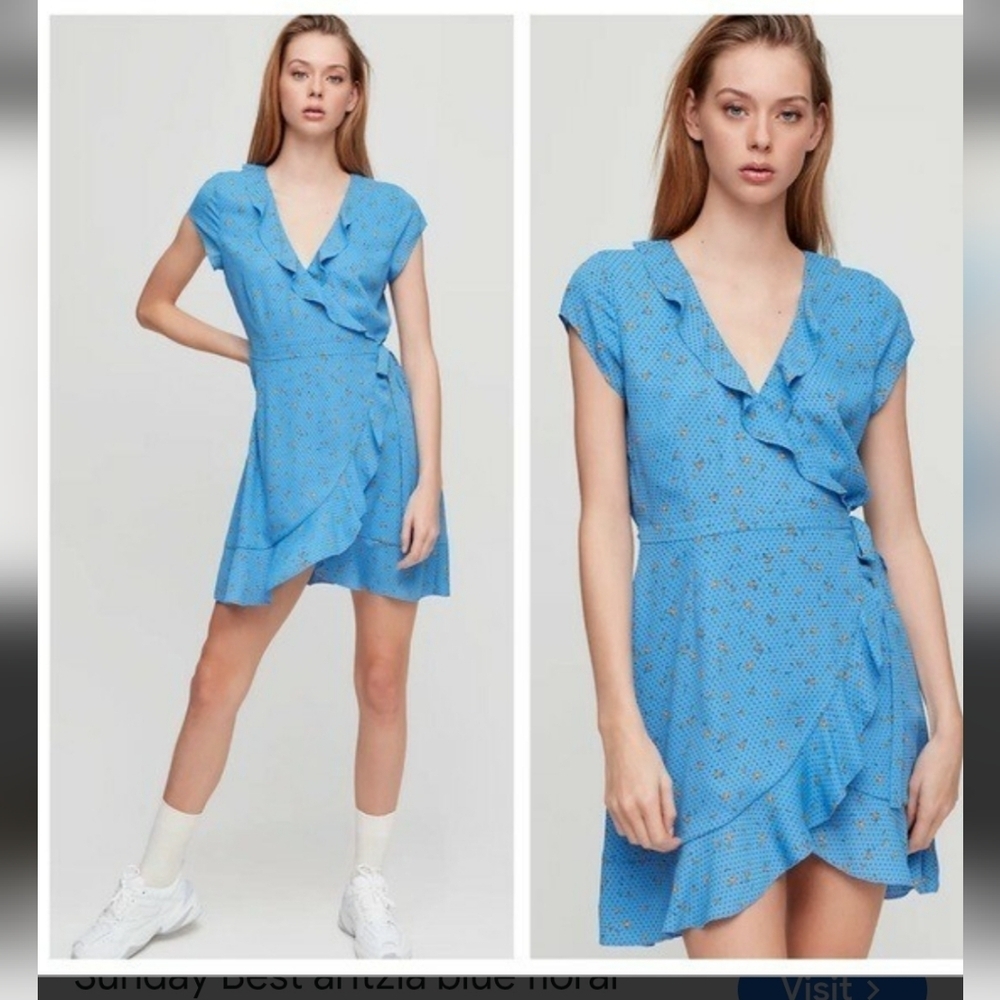 ARITZIA | Sunday Best blue floral savoy ruffle short sleeve wrap dress sz 0